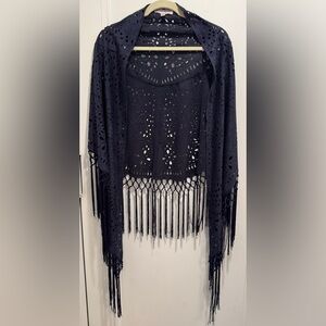 Muche et Muchette Navy Laser Cut Faux Suede Fringe Shawl. A+ Condition!